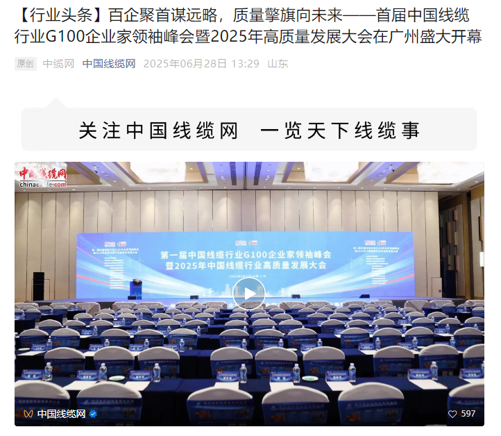 百企聚首謀遠(yuǎn)略，質(zhì)量擎旗向未來——首屆中國線纜行業(yè)G100企業(yè)家領(lǐng)袖峰會暨2025年高質(zhì)量發(fā)展大會在...